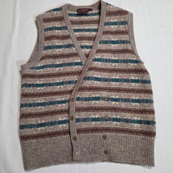 CHAPS RALPH LAUREN 100% WOOL VEST TAN GREEN BROWN STRIPE VINTAGE MENS LARGE - Picture 1 of 5
